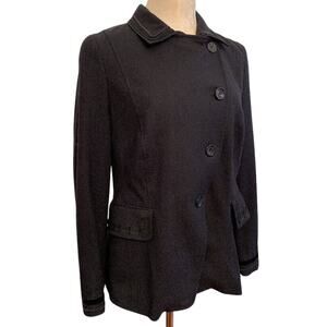 Size 44 (12) Feraud Black Womens Blazer Jacket Braided Trim Vintage Wool Blend